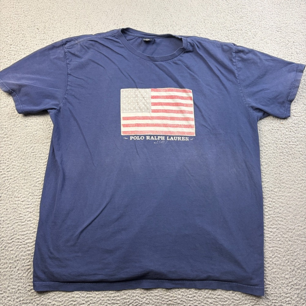 VTG Polo Ralph Lauren Men Blue American Flag Faded Tee T-Shirt Y2K Size XL
